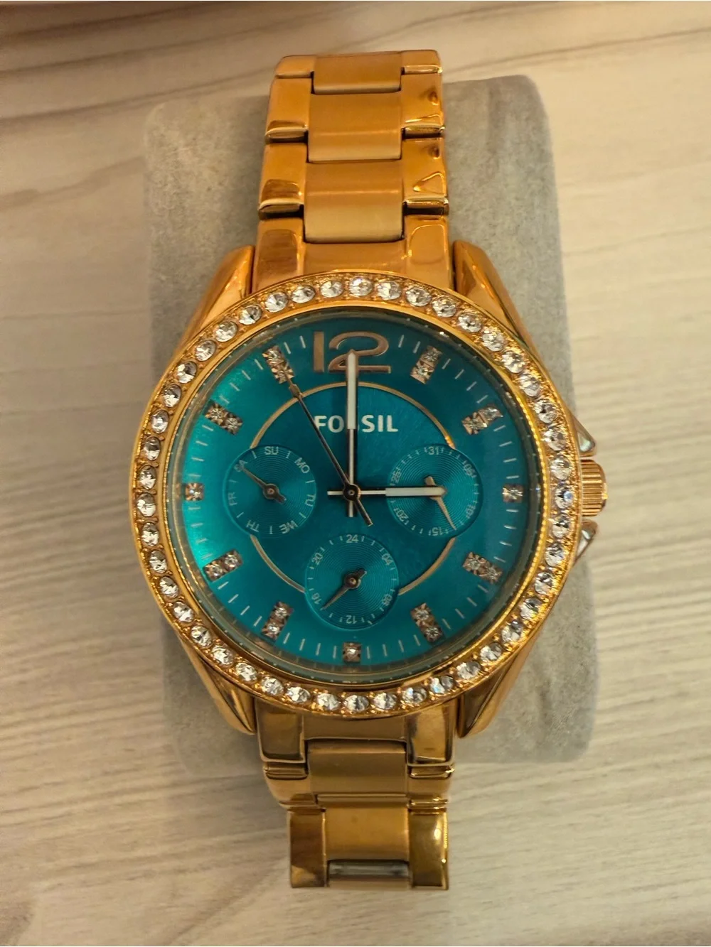 Fossil Women's Gold Bracelet Watch with Teal Dial and Crystal Bezel